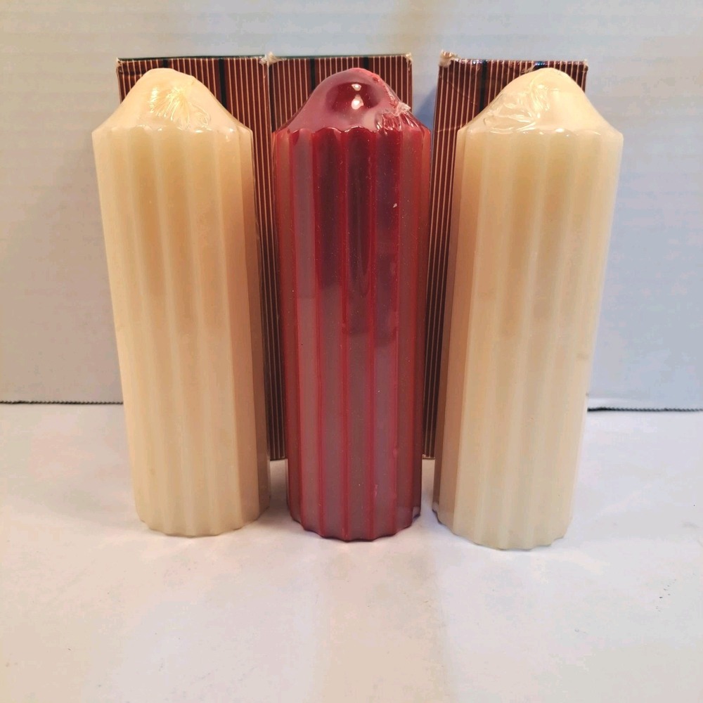 Avon Color Glow 6" Column Pillar Candles Scented Holiday Ivory/Red Set of 3